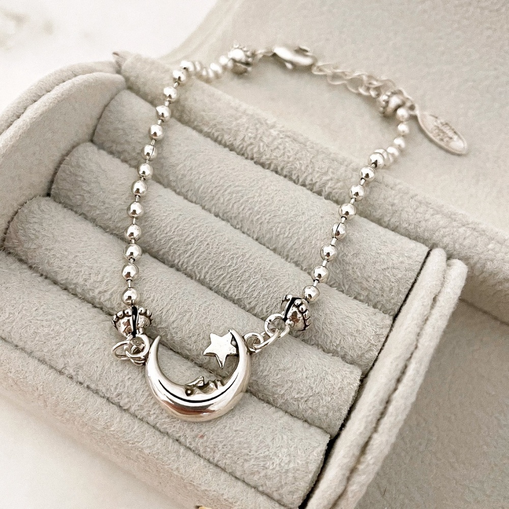 925 Sterling Silver Moon & Star Bracelet Dainty Bracelet Beaded Bracelet